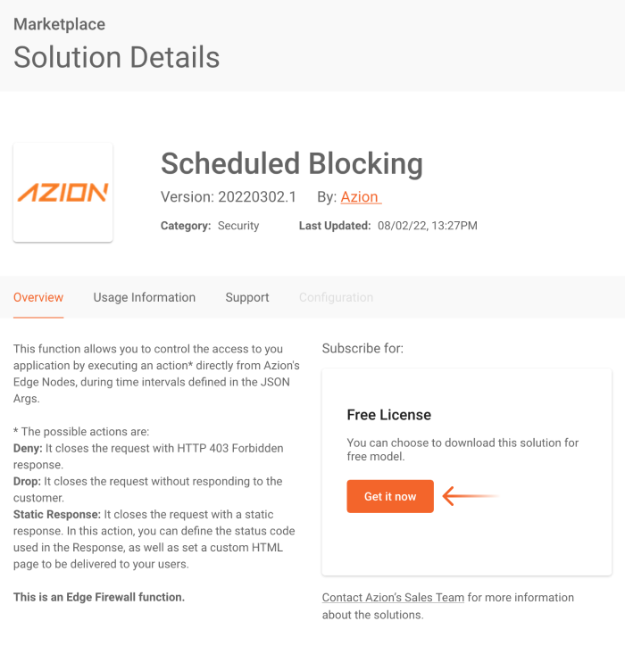 Imagen con tarjeta de la solución Scheduled Blocking del Marketplace de Azion