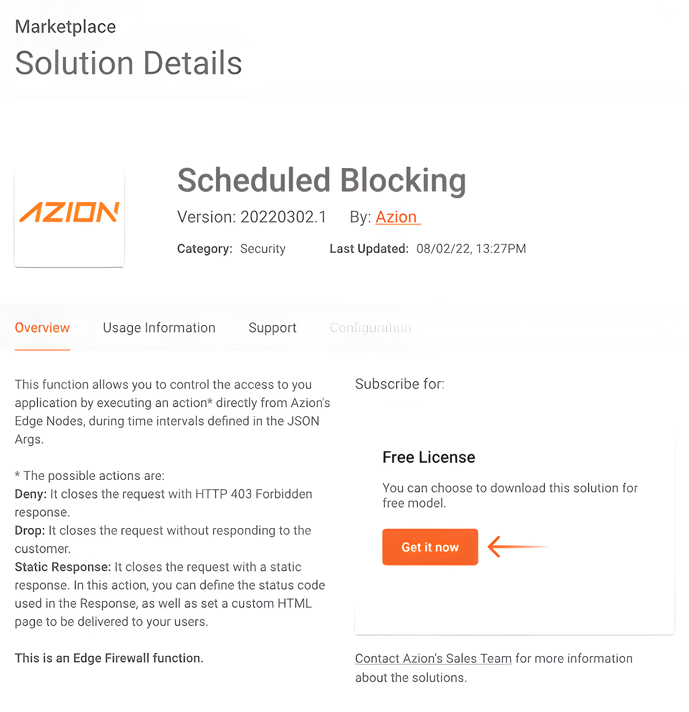 Imagem com card da solução Scheduled Blocking do Marketplace da Azion