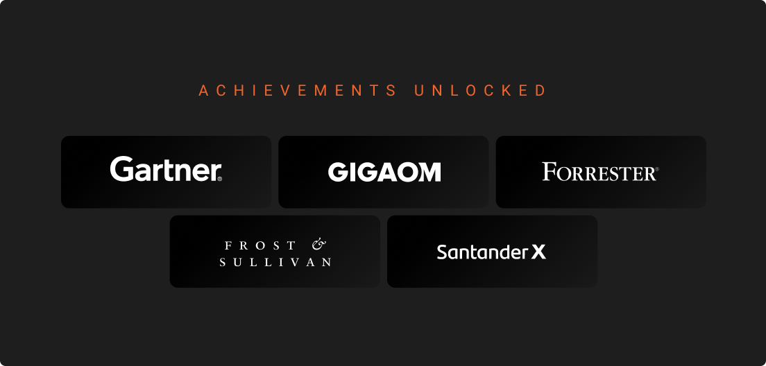 The image contains the logos of five international entities that awarded Azion throughout 2023: Gartner, GigaOm, Forrester, Frost & Sullivan, and Santander X.
