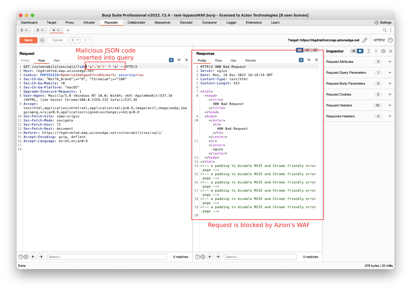 One of the attacks demonstrated by Team82 is blocked by Azion's Web Application Firewall