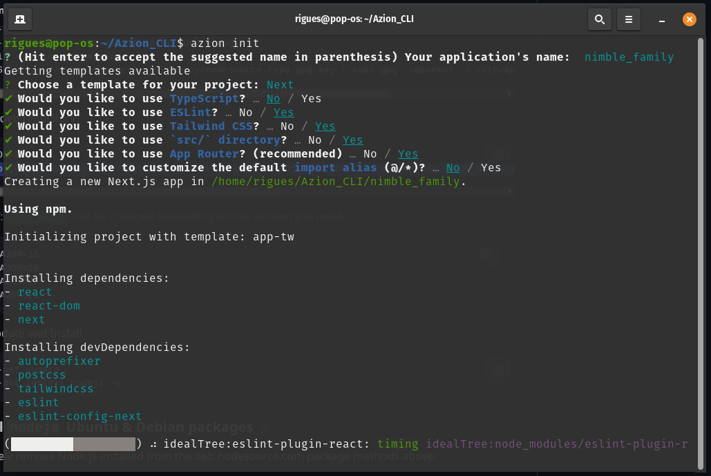 Captura de pantalla de un terminal mostrando la creación de una aplicación Next.js con Azion CLI