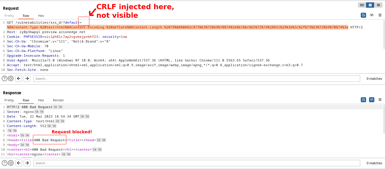 Numa segunda tentativa, cabeçalhos são manipulados para especificar um payload comprimido dentro da página, mas o pedido é bloqueado pelo WAF