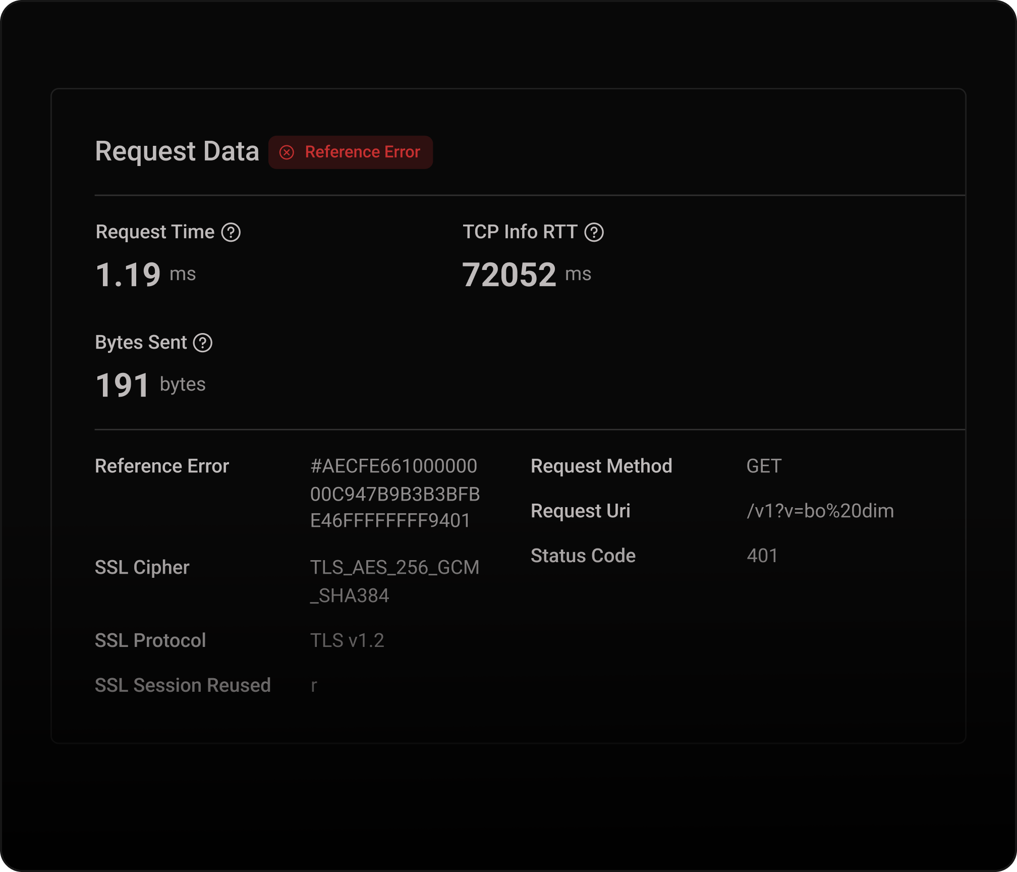 Visualización detallada de datos de eventos mostrando métricas de solicitud, marcas de tiempo y análisis de rendimiento.