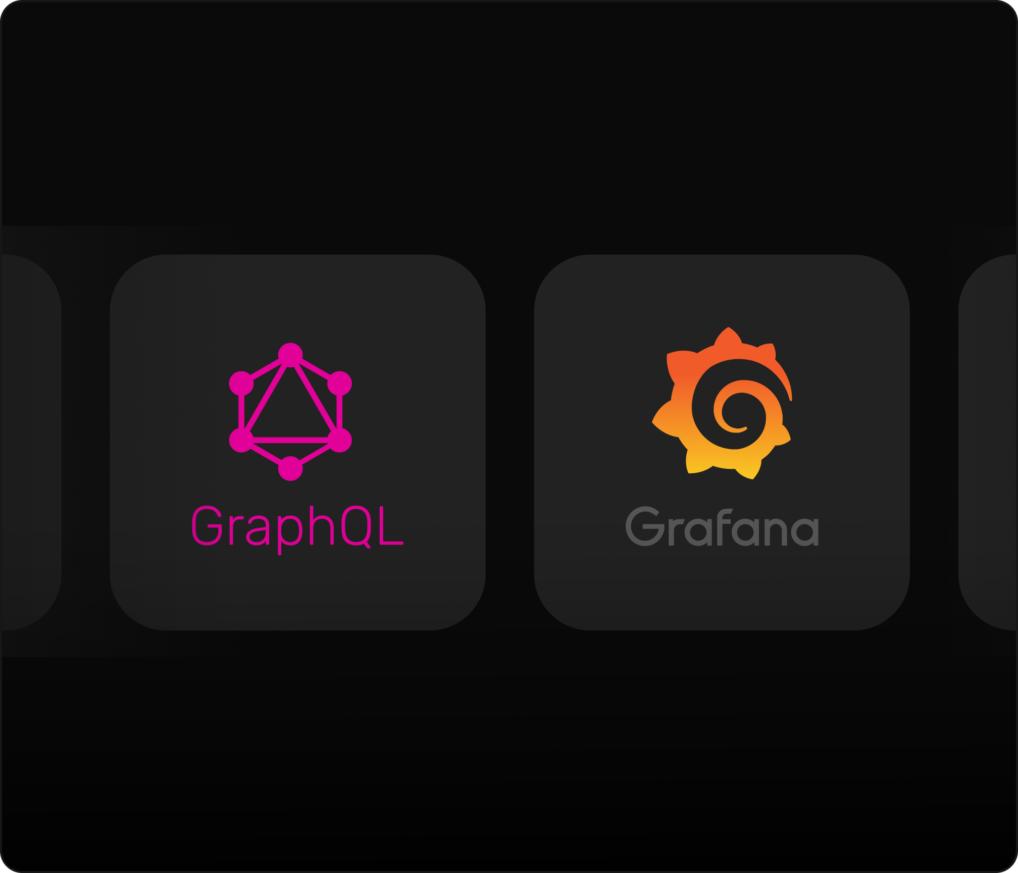 Integration logos for GraphQL APIs and Grafana plugin showcasing programmatic data access capabilities.