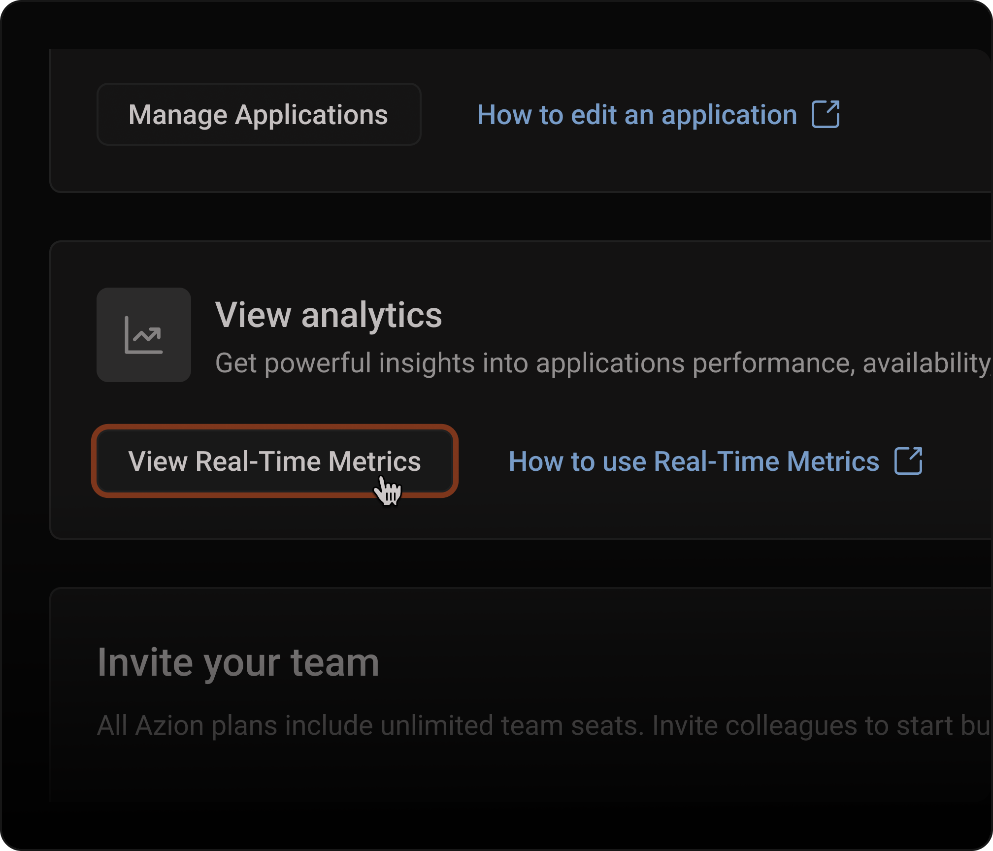 One-click interface showing easy access to metrics and monitoring configuration.