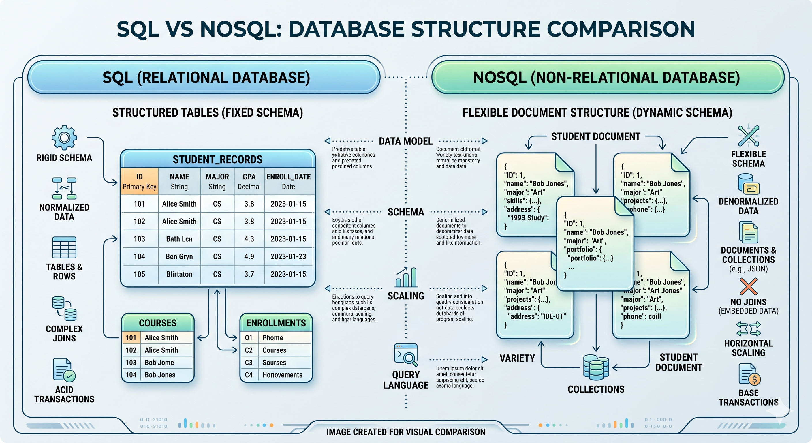 Diagrama de comparación SQL vs NoSQL mostrando tablas estructuradas versus estructura de documento flexible