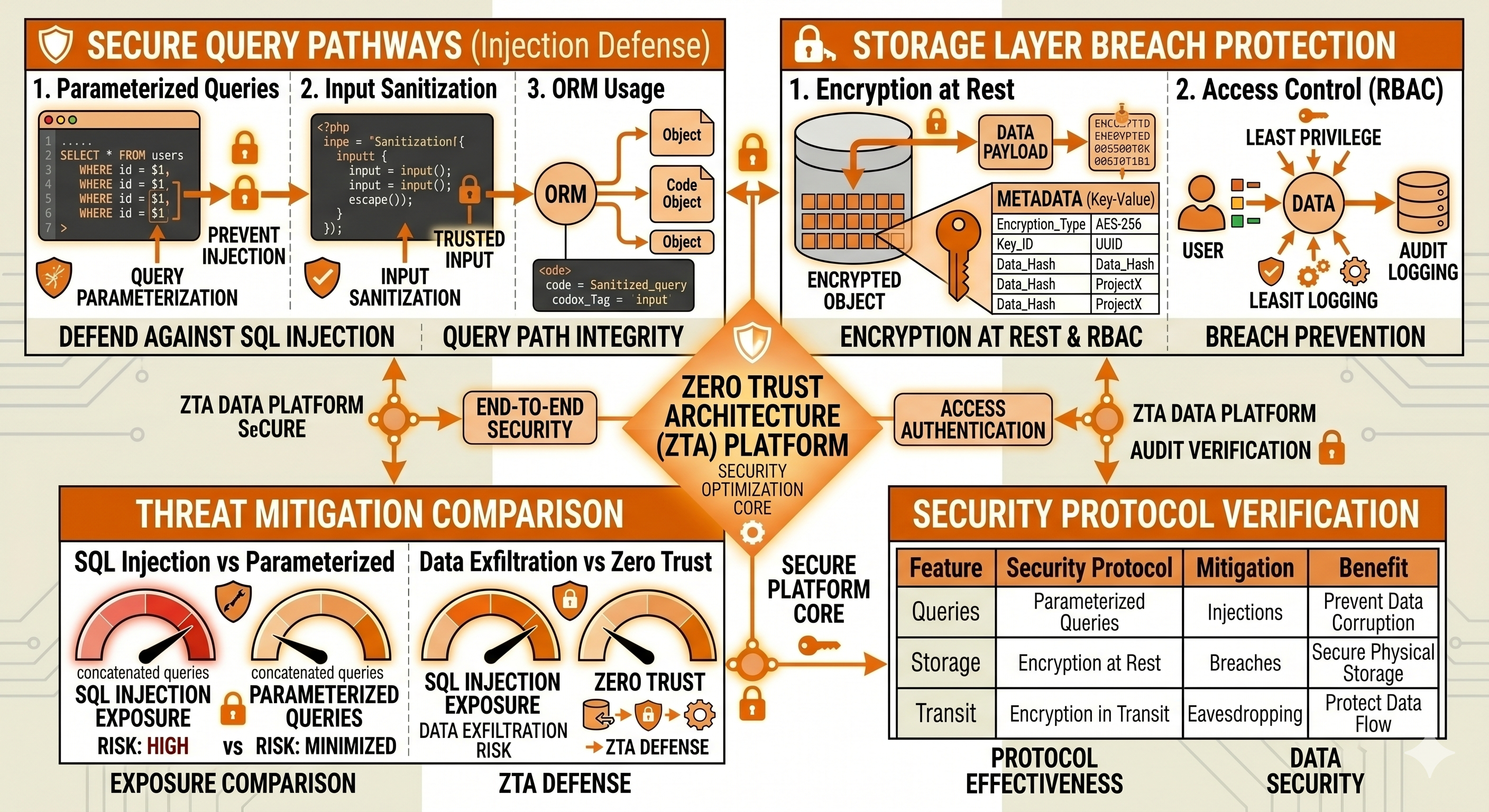 Database security Database security requires defending query pathways against injection attacks and protecting the storage layer against unauthorized breaches