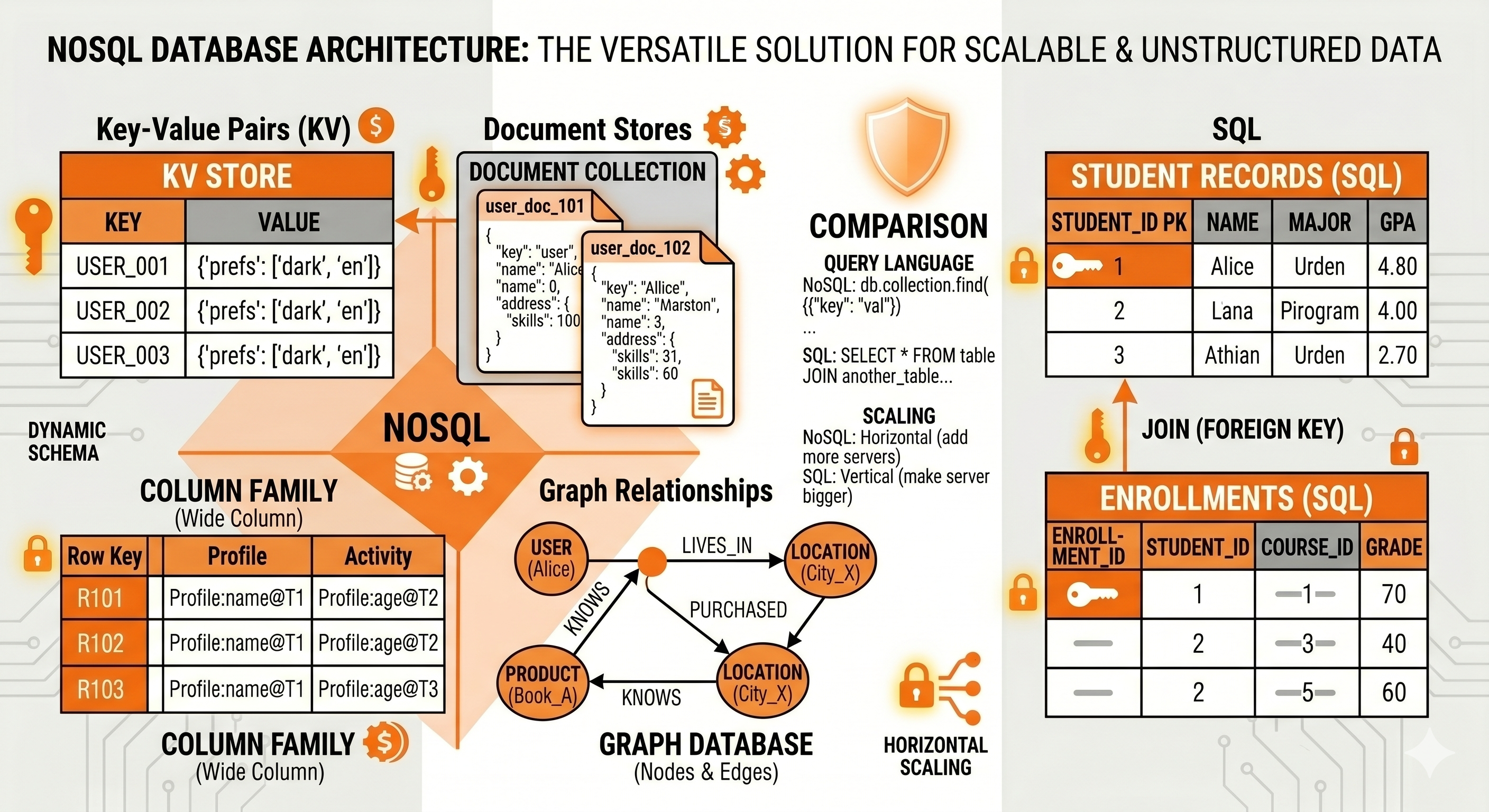 Modelos de bases de datos NoSQL Arquitectura de base de datos NoSQL mostrando pares clave-valor, document stores, familias de columnas y relaciones de grafos comparados con tablas relacionales