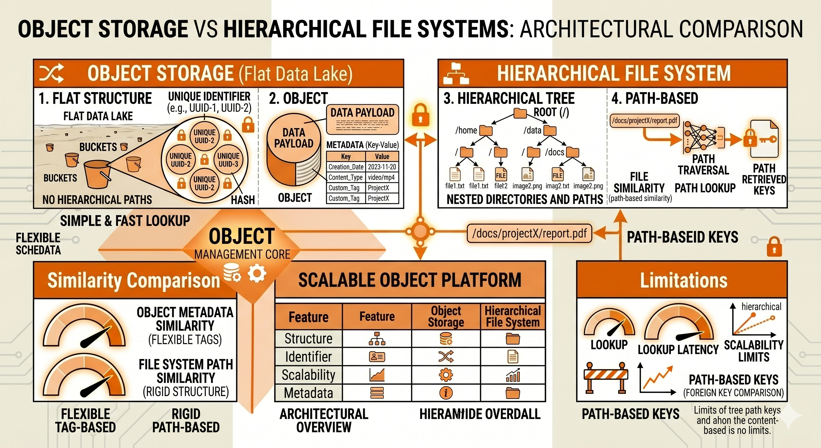 Object Storage architecture showing flat data lake structure with buckets, objects, metadata, and unique identifiers compared to hierarchical file systems