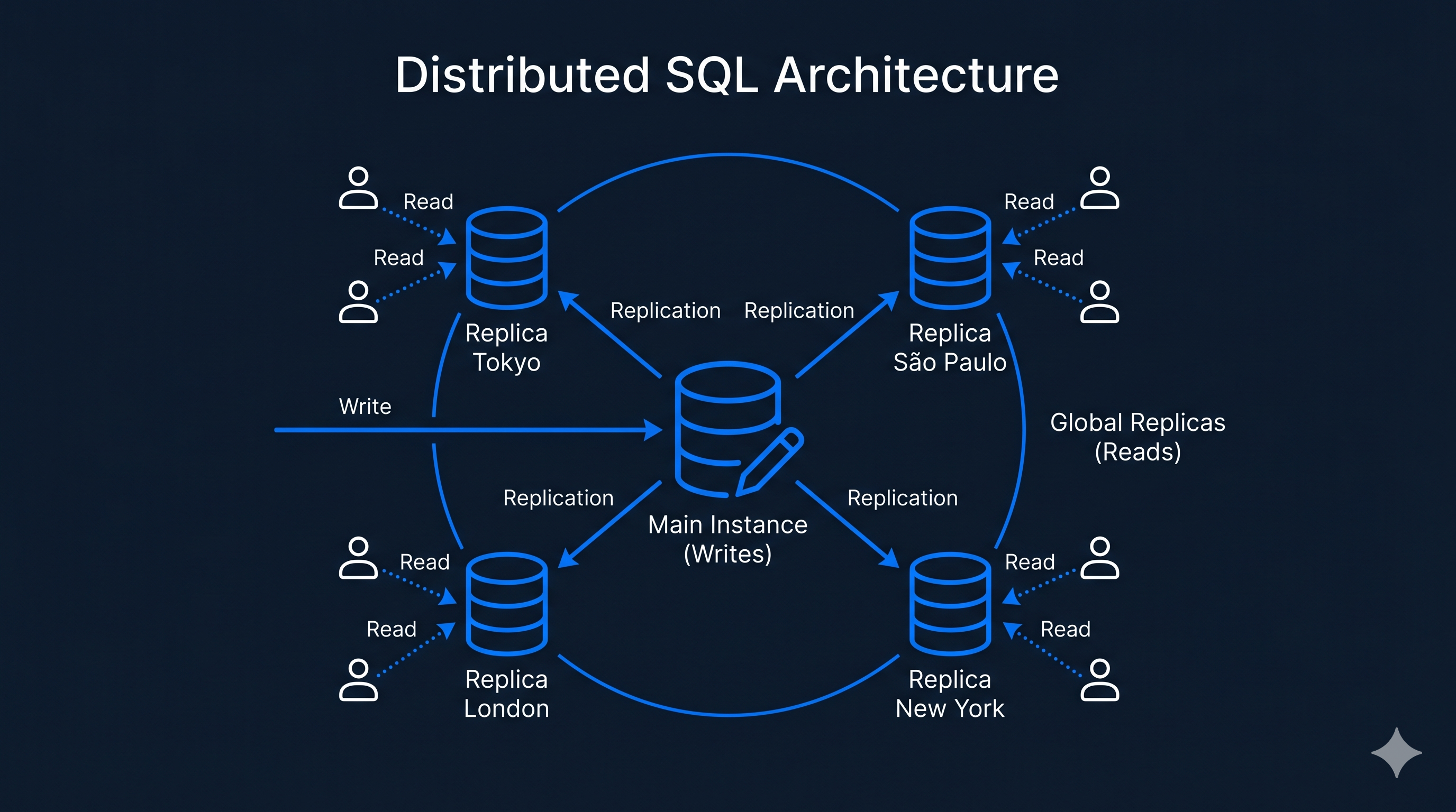Serverless SQL architecture Serverless SQL database architecture diagram showing distributed main and replicas