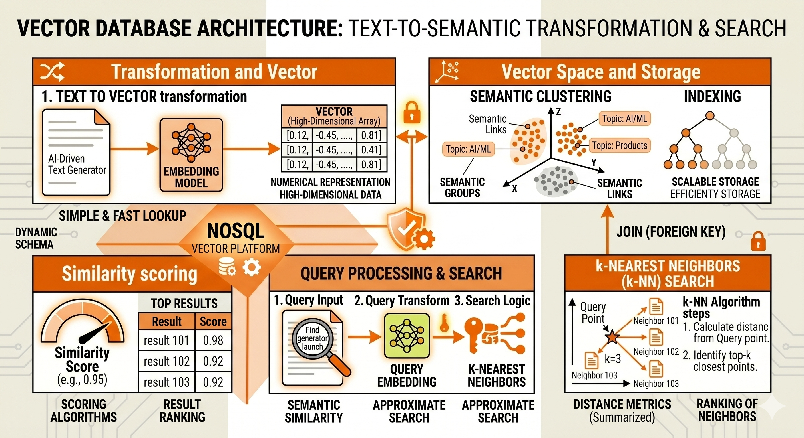 Vector database semantic similarity search architecture Vector database architecture diagram showing text-to-embedding transformation, multidimensional vector space with semantic clustering, k-nearest neighbors search algorithm, and similarity scoring