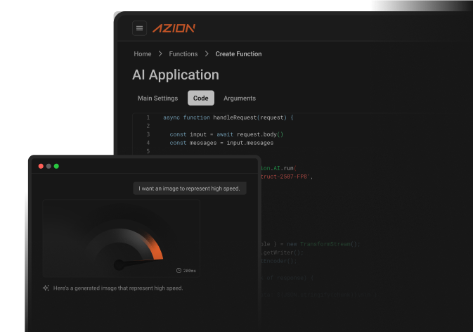Dashboard for the Azion Applications solution, providing resources related to building and scaling AI applications use case.