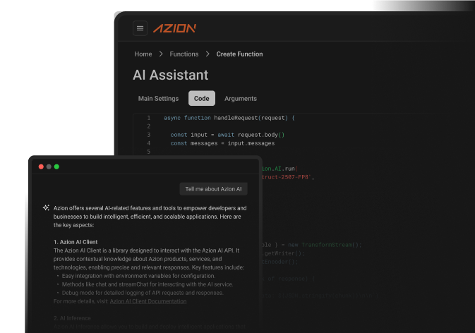 Dashboard for the Azion Applications solution, providing resources related to building and scaling AI applications use case.
