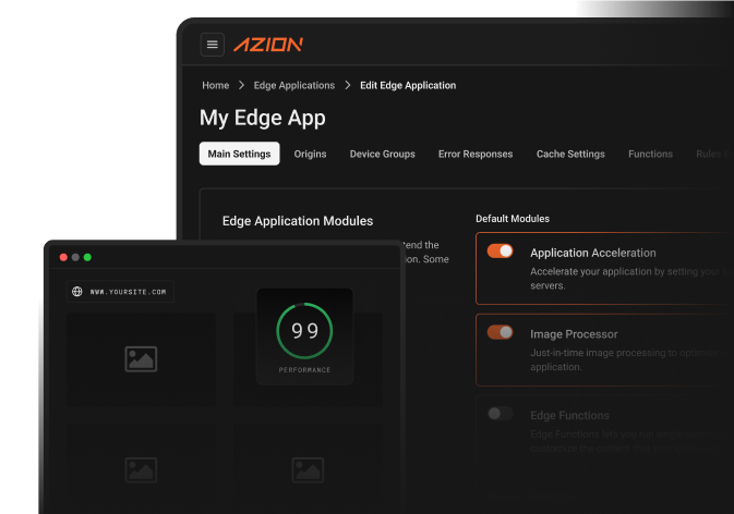 Dashboard for the Azion Edge Applications solution, providing resources related to Azion image processing and optimization use case.