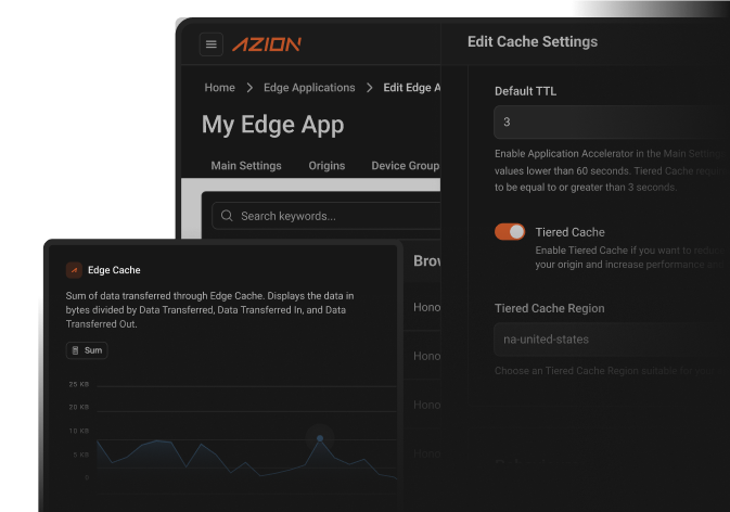 Azion Edge Applications solution dashboard with resources for use cases involving live streaming delivery.