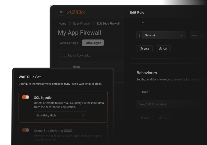 Azion Edge Firewall solution panel, a product related to security automation.