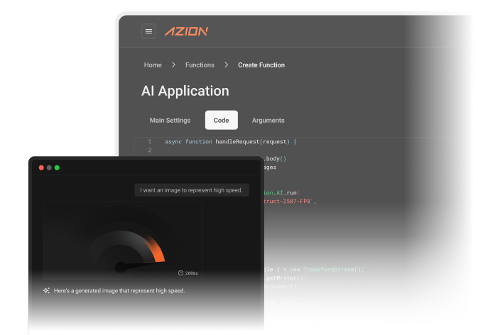 Dashboard for the Azion Applications solution, providing resources related to building and scaling AI applications use case.