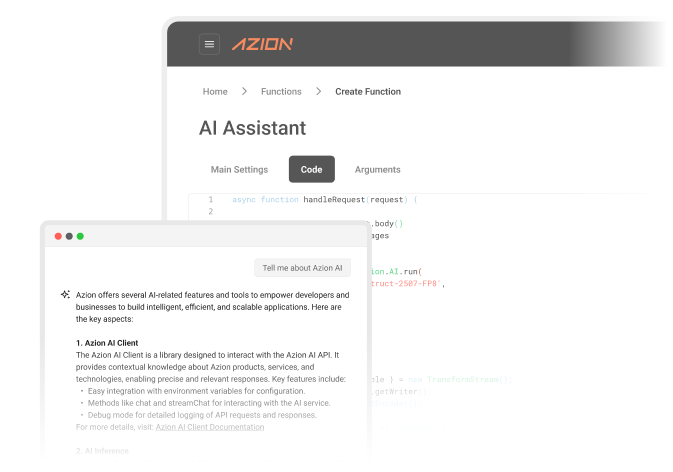 Dashboard for the Azion Applications solution, providing resources related to building and scaling AI applications use case.