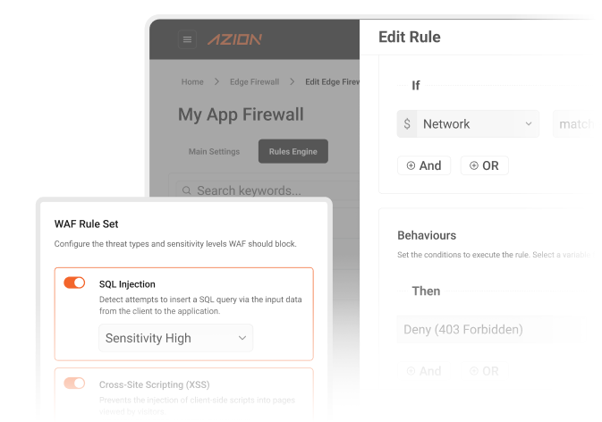 Azion Edge Firewall solution panel, a product related to security automation.