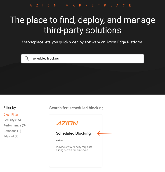 Imagem com card da solução Scheduled Blocking do Marketplace da Azion