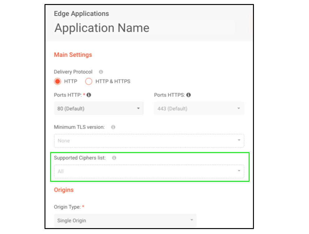 Menu de ativação de Cipher Suites no Real-Time Manager da Plataforma de Edge Computing da Azion.
