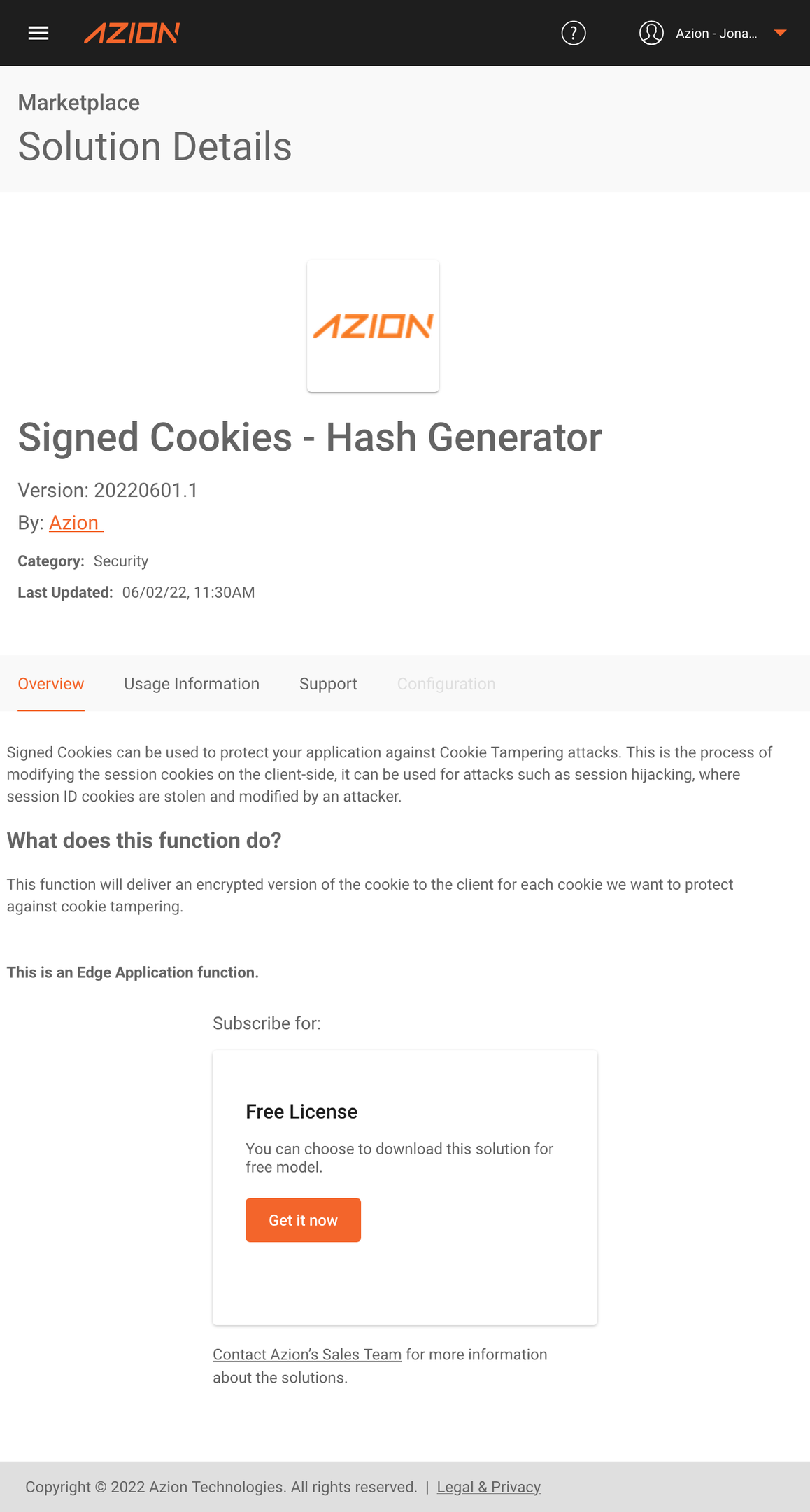 Image with card from the Signed Cookies solution of the Azion's Marketplace