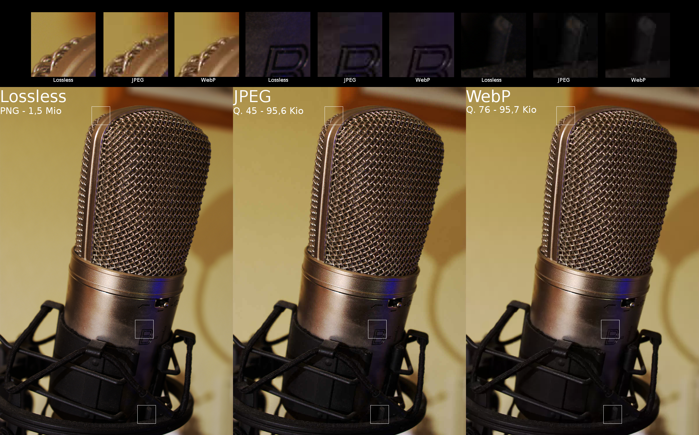 Example of the same image compressed in three formats, showing image quality differences in details and final filesizes