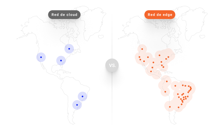 Red de cloud computing comparada con red de edge computing, en el blog post de Azion ¿Qué es edge computing?